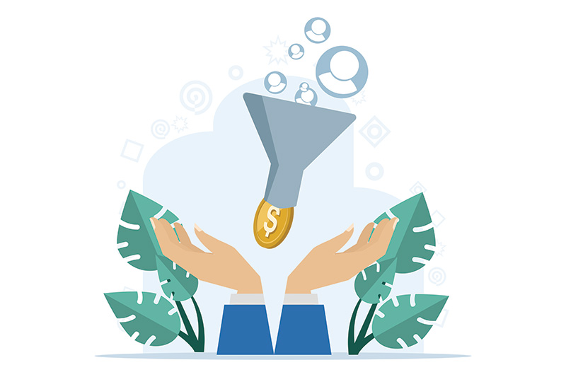 Funnel showing leads at the top and turning into sales as they go through the customer funnel process.