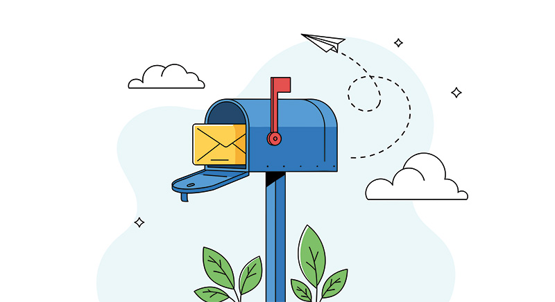 Open mailbox with an envelope in the opening. Red flag is up to indicate mail is ready to pick up..