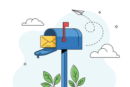 Open mailbox with an envelope in the opening. Red flag is up to indicate mail is ready to pick up..